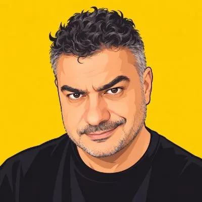 Ritratto illustrato di Sergio Florio su fondo giallo